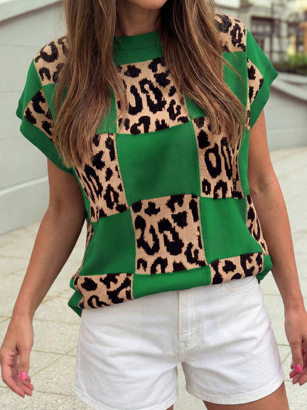 1 the Woman - Western Leopard Checkerboard Short Sleeve Knit Sweater |S-4X