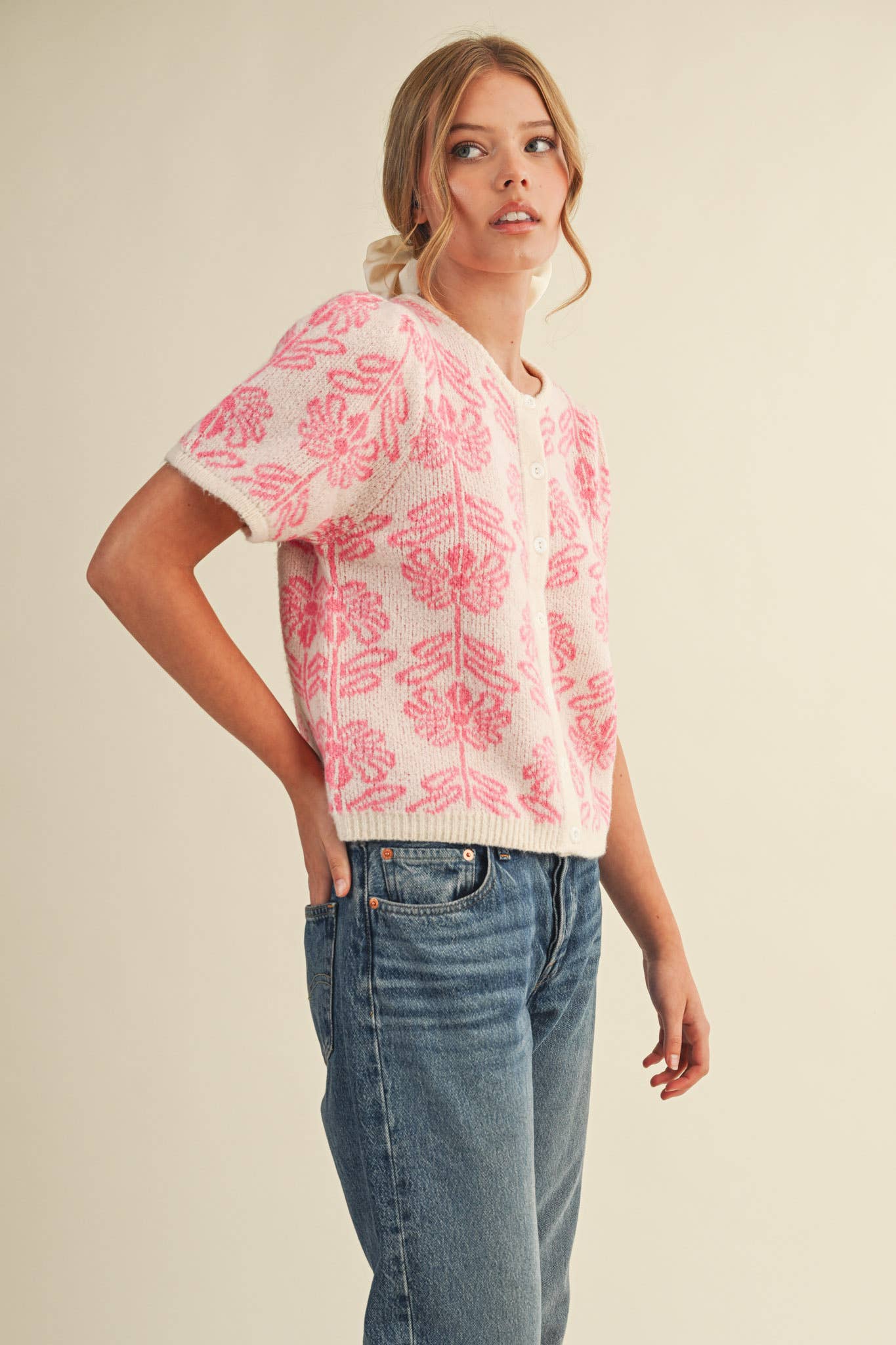 FLORAL KNIT SHORT PUFF SLEEVE SWEATER CARDIGAN MSW11215