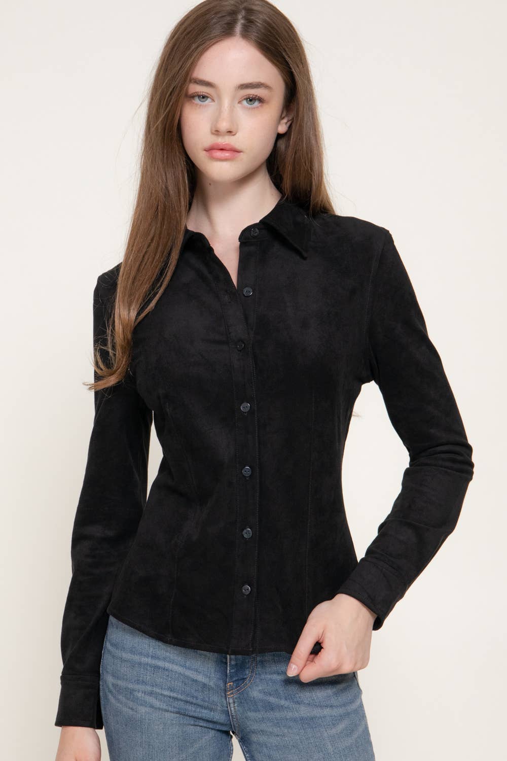 Active Basic | Active USA - Long Sleeve Button Down Stretch Faux Suede Shirt