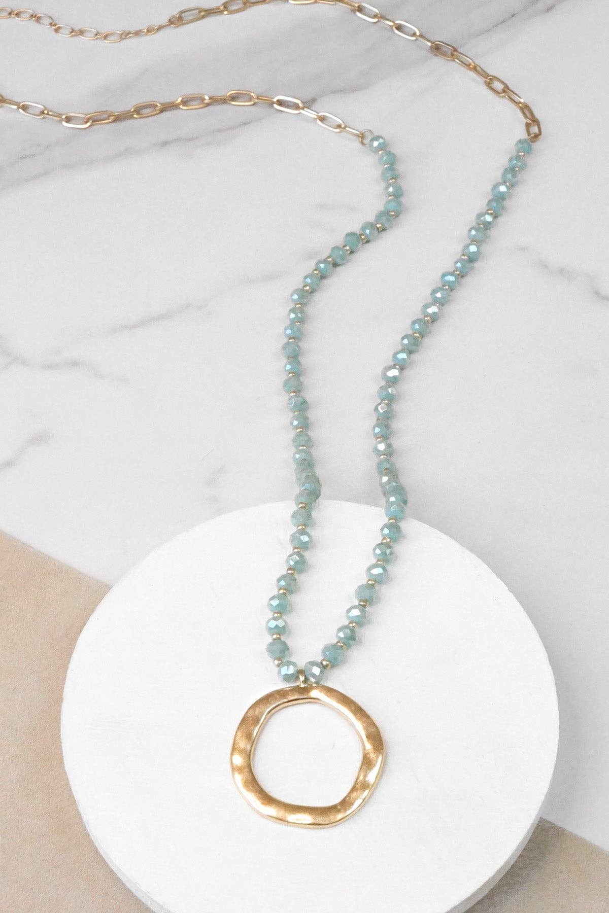PennyLine inc - Beaded Necklace with Gold Tone Circle Pendant Aqua