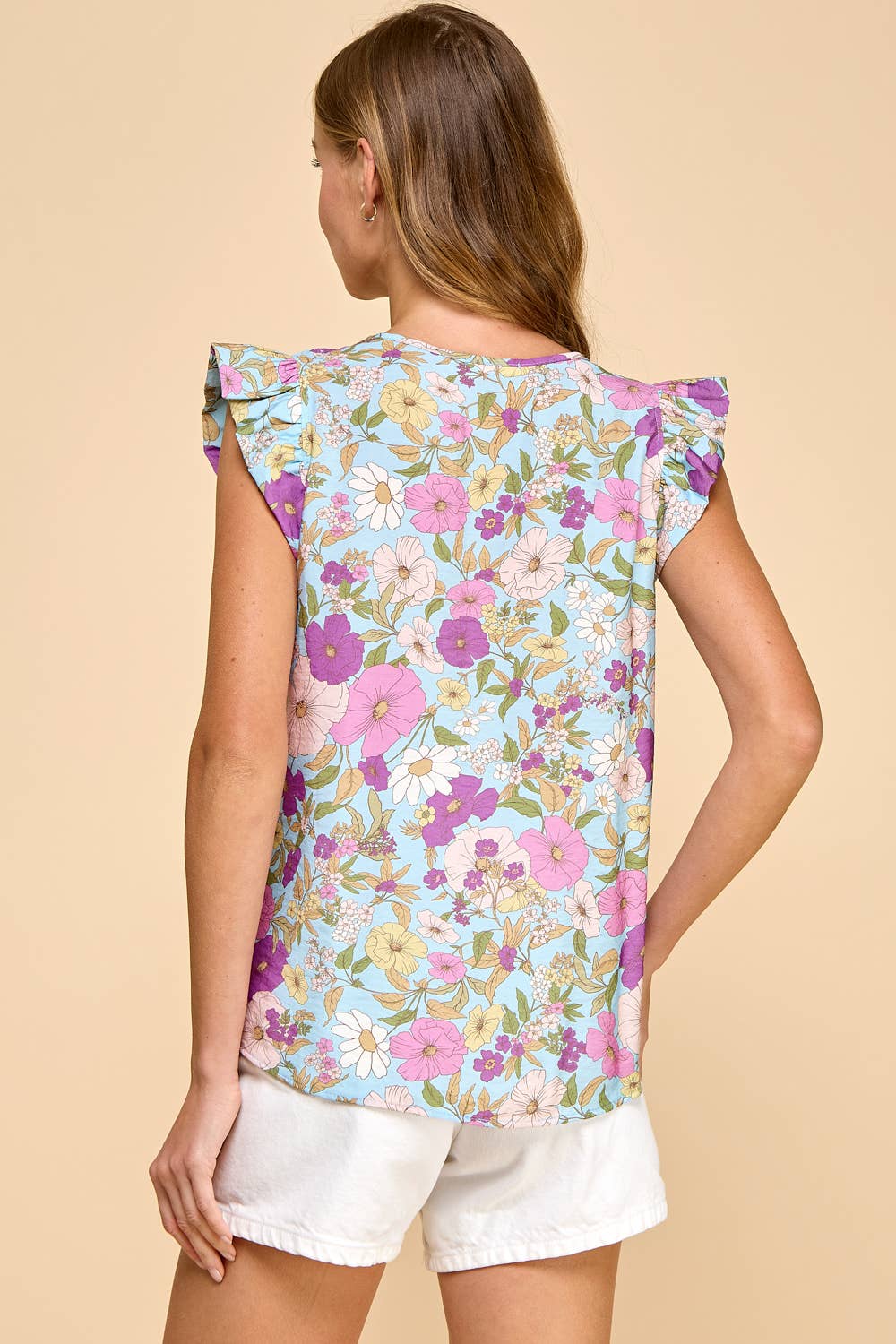 Floral Printed Top V Neck with Ruffled Sleeves