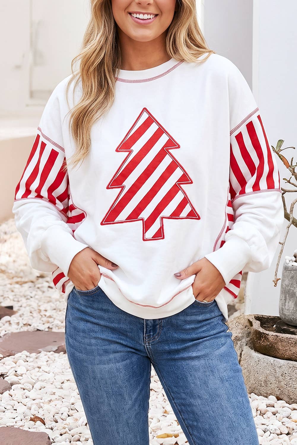 Little Daisy Closet - LDC Holidy Colorblock Striped Christmas Tree Blouse