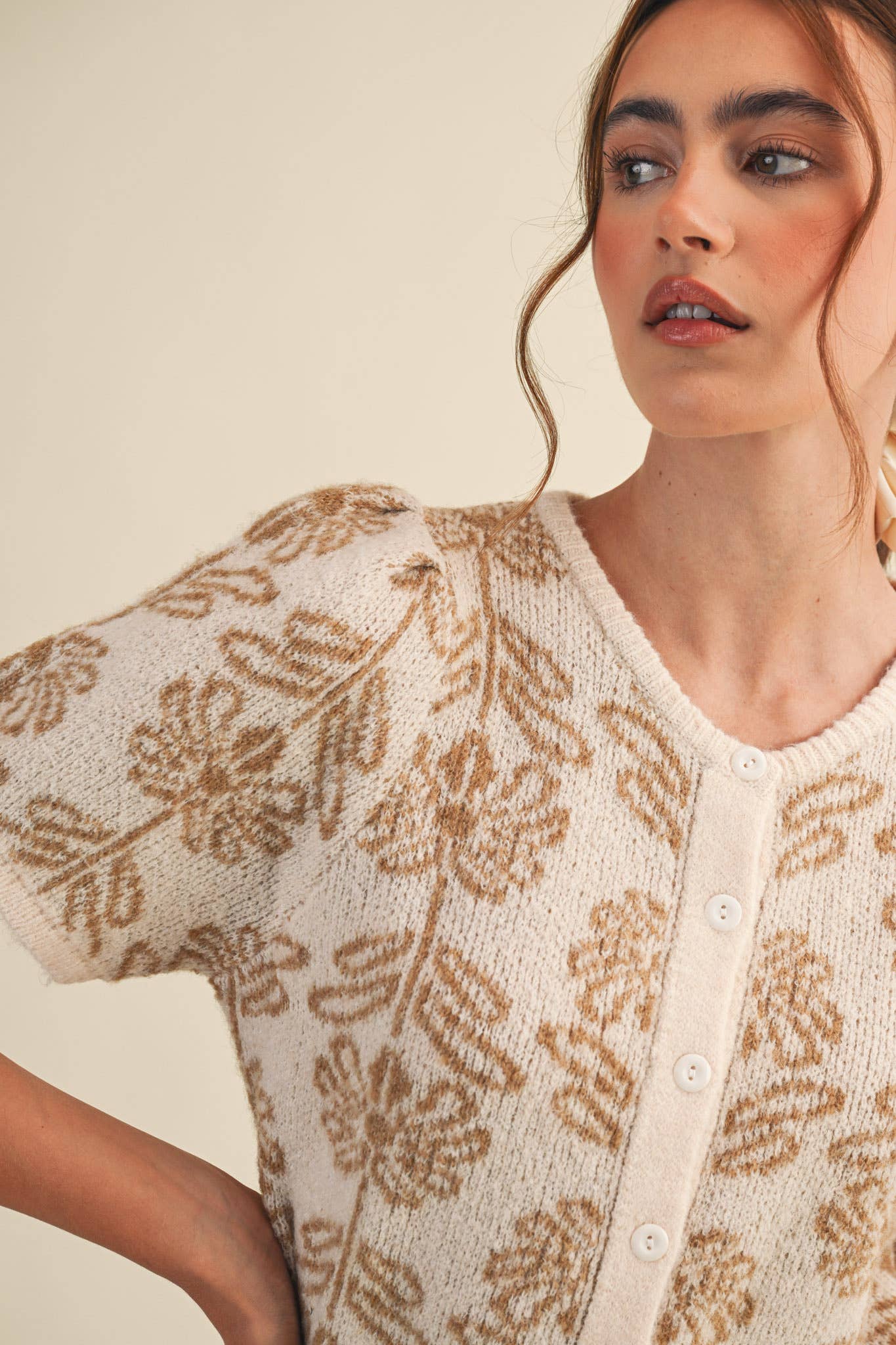 FLORAL KNIT SHORT PUFF SLEEVE SWEATER CARDIGAN MSW11215