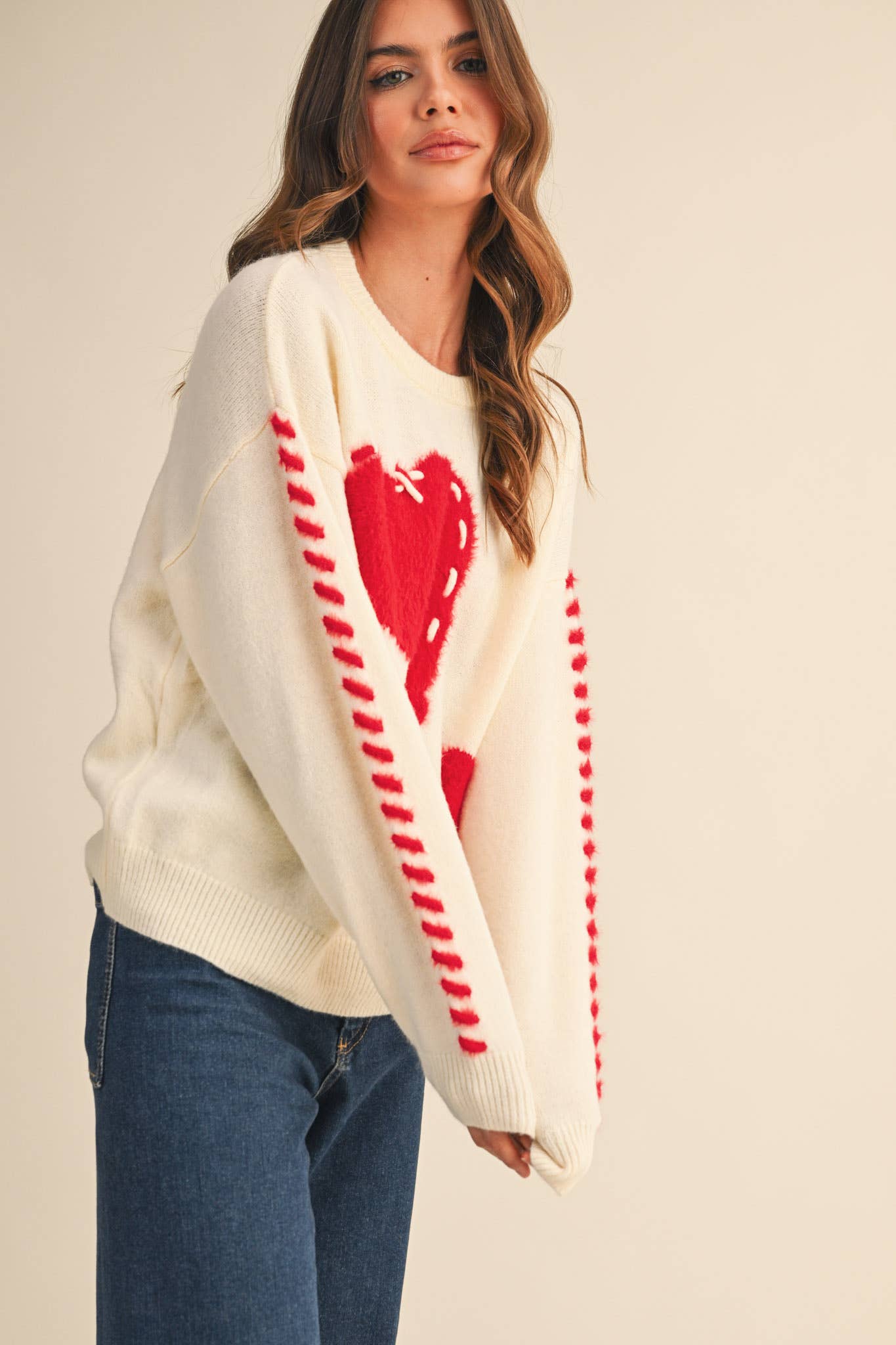 FUZZY HEART KNIT SWEATER WITH WHIP STITCH MSW10990