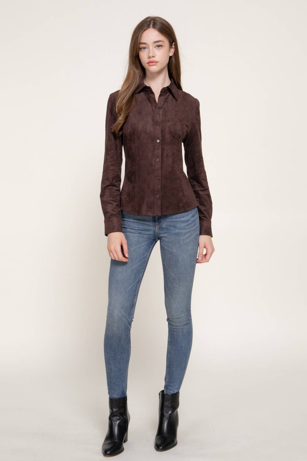 Active Basic | Active USA - Long Sleeve Button Down Stretch Faux Suede Shirt