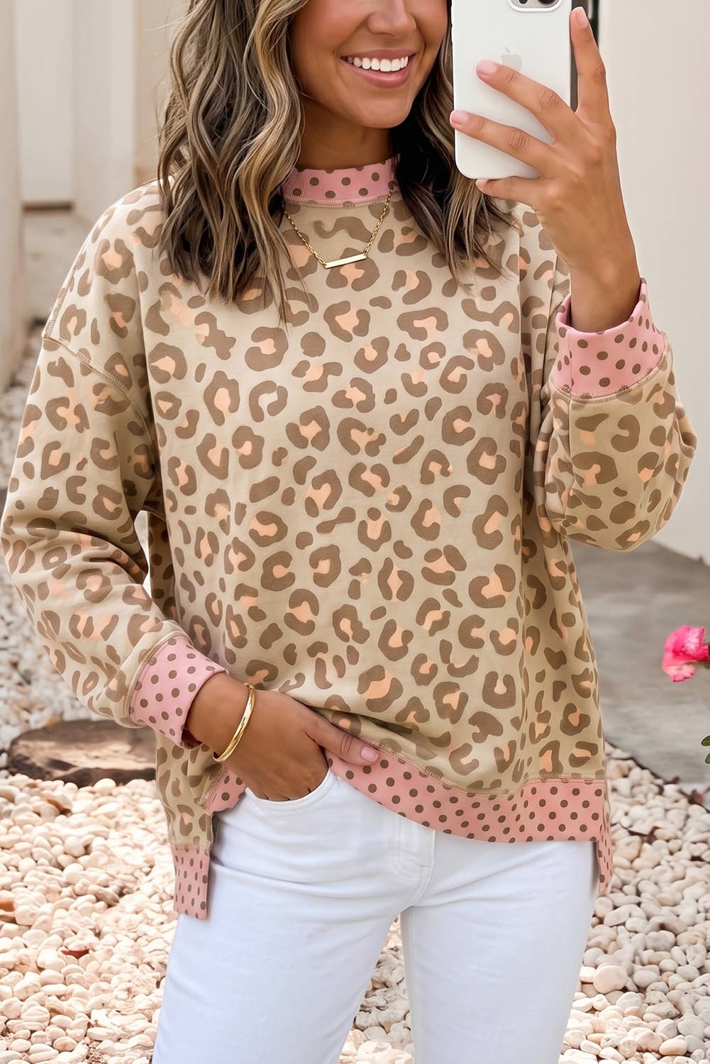 Polka Dot Colorblock Leopard Long Sleeve Tunic Blouse