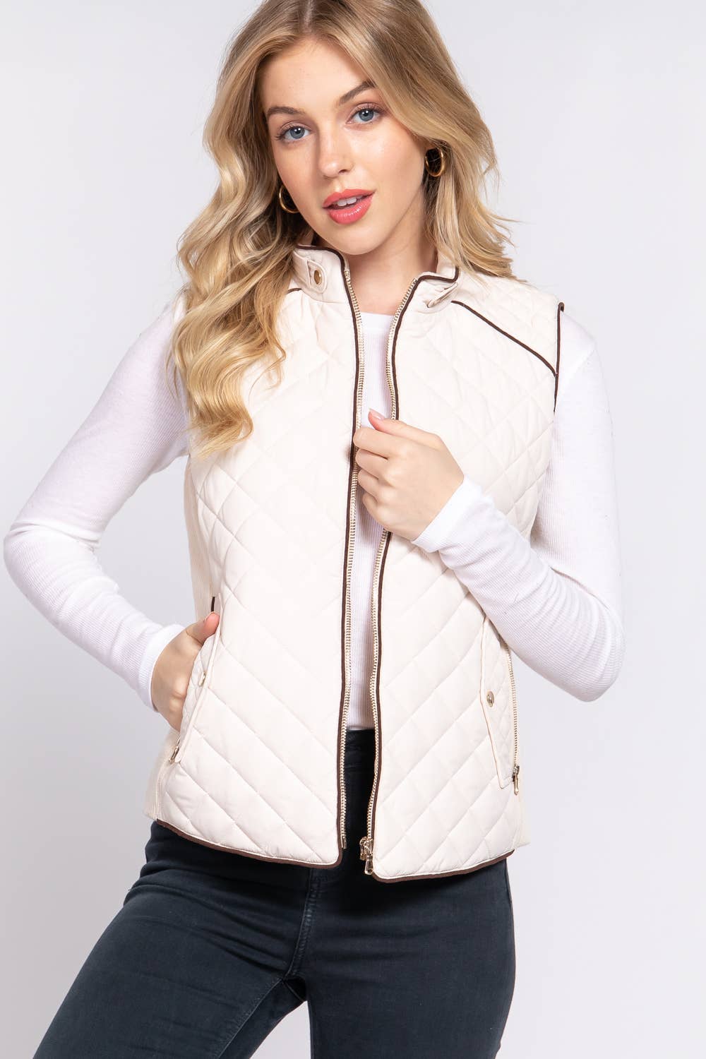 Active Basic | Active USA - Suede Piping Detail Rib Quilted Padding Vest