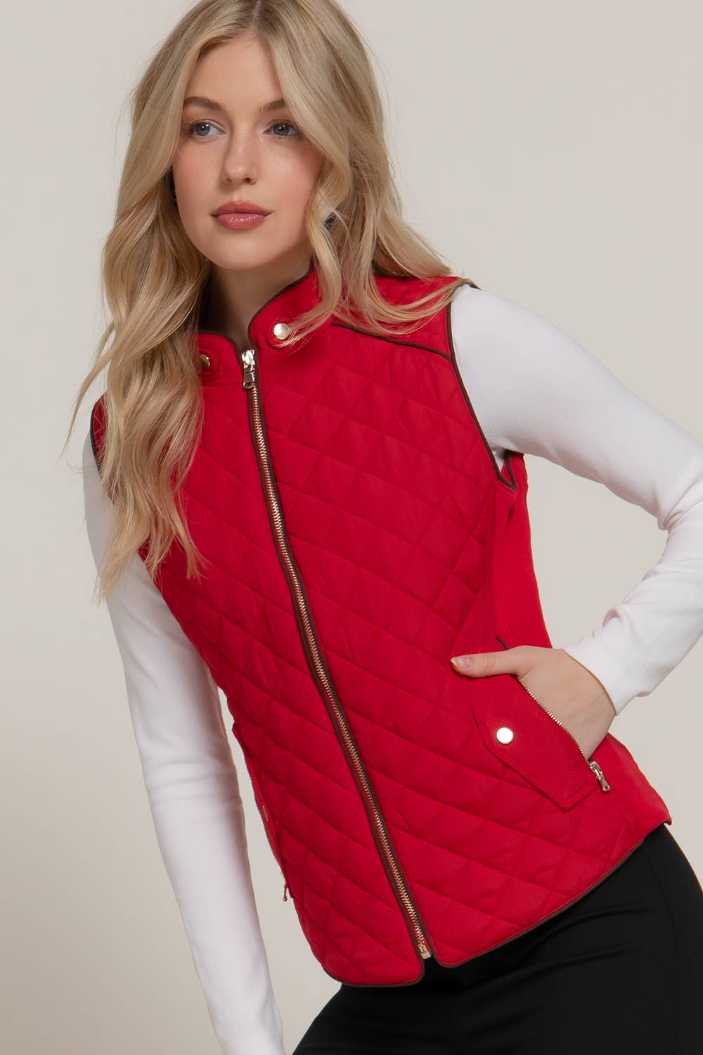 Active Basic | Active USA - Suede Piping Detail Rib Quilted Padding Vest