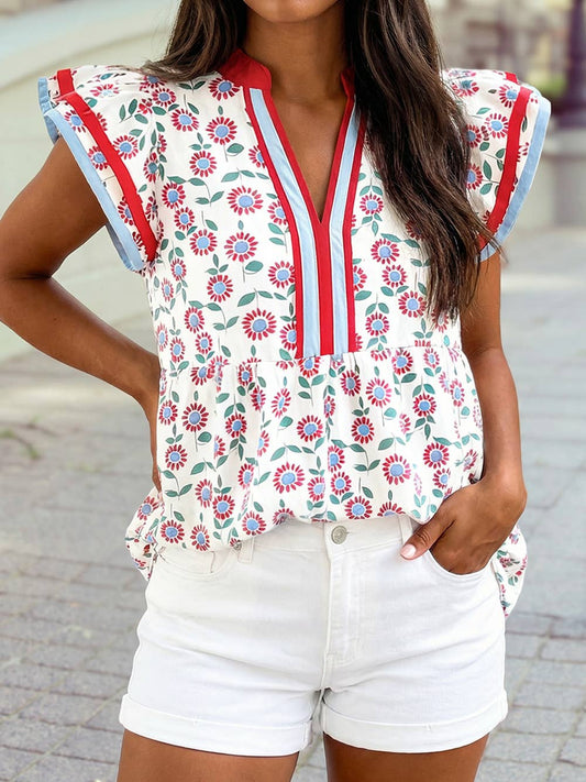Sunflower Printed Contrast Trim V Neck Flutter Sleeve Blouse