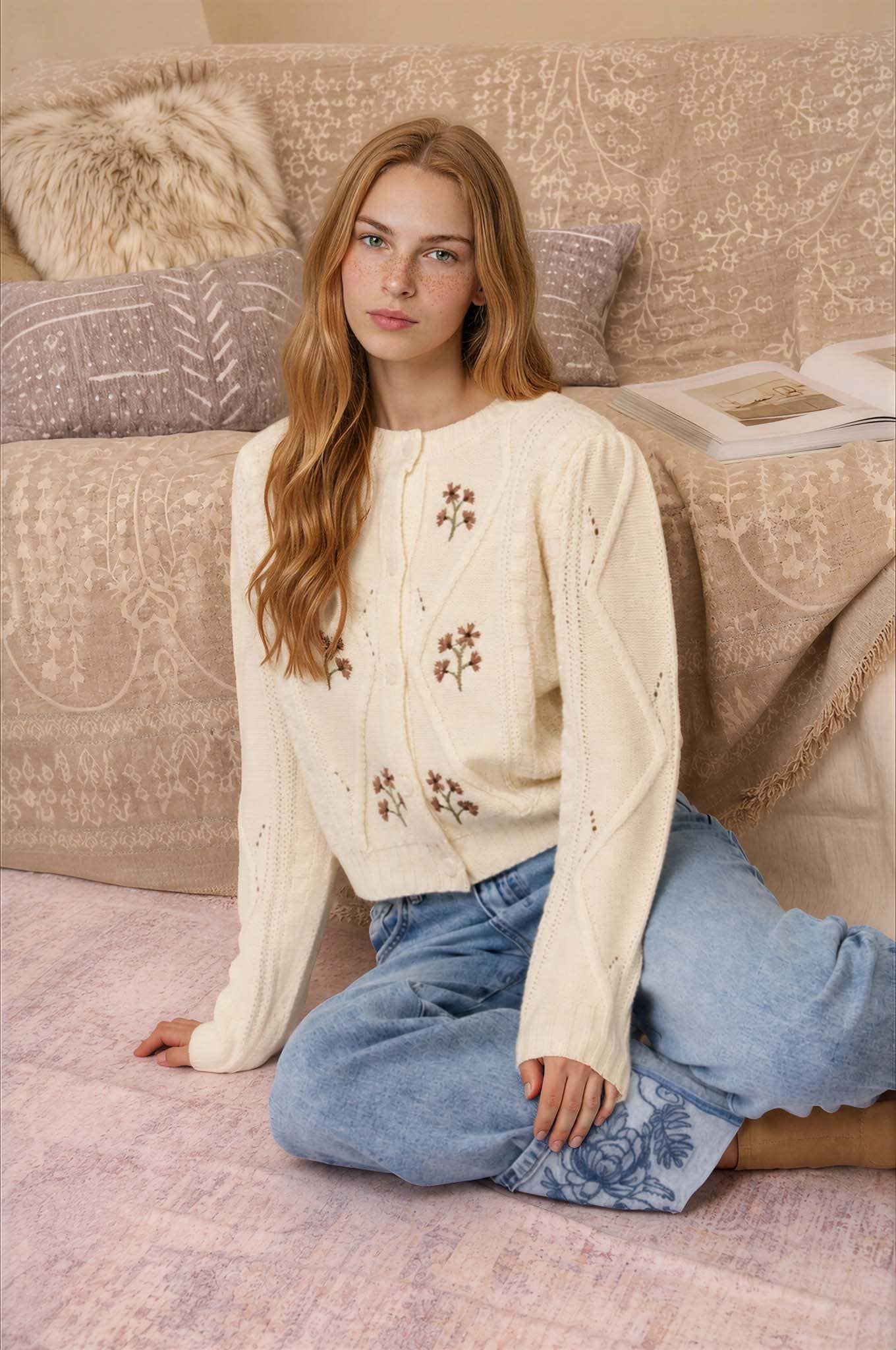 Navy Embroidered Floral Cable Knit Cardigan