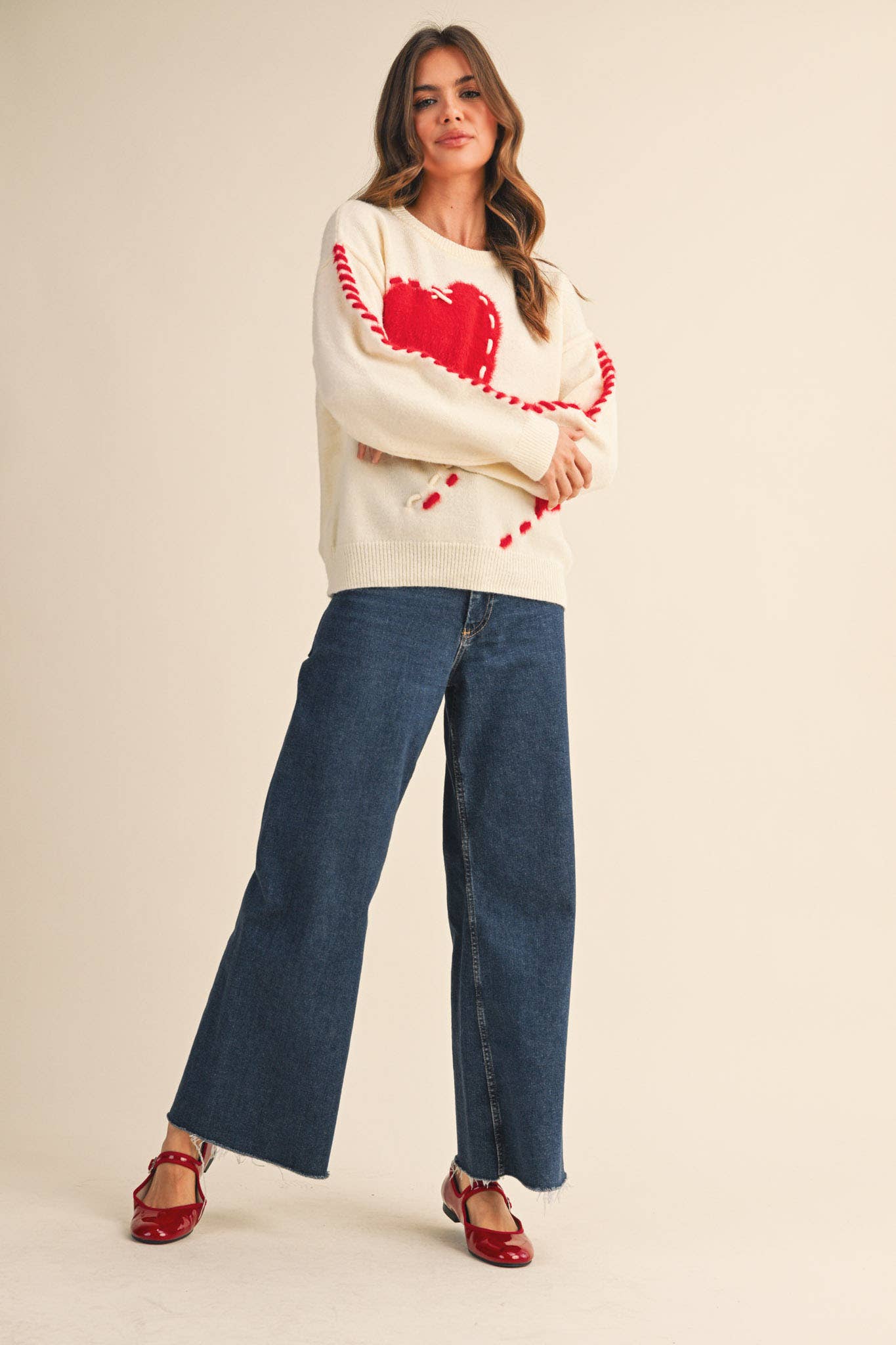 FUZZY HEART KNIT SWEATER WITH WHIP STITCH MSW10990