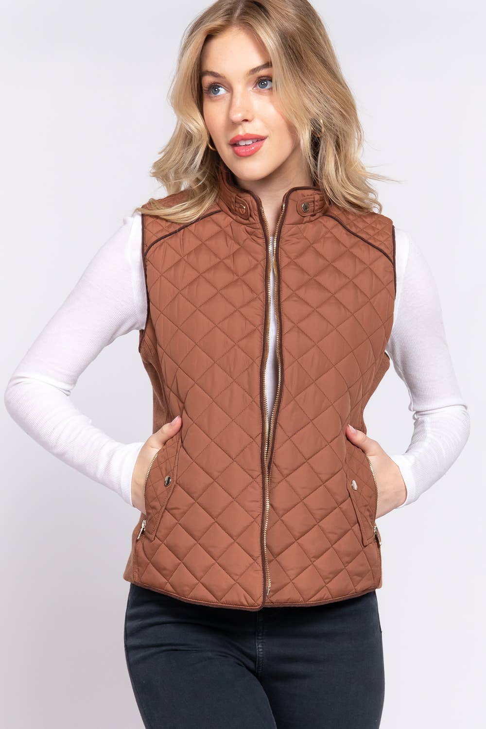 Active Basic | Active USA - Suede Piping Detail Rib Quilted Padding Vest