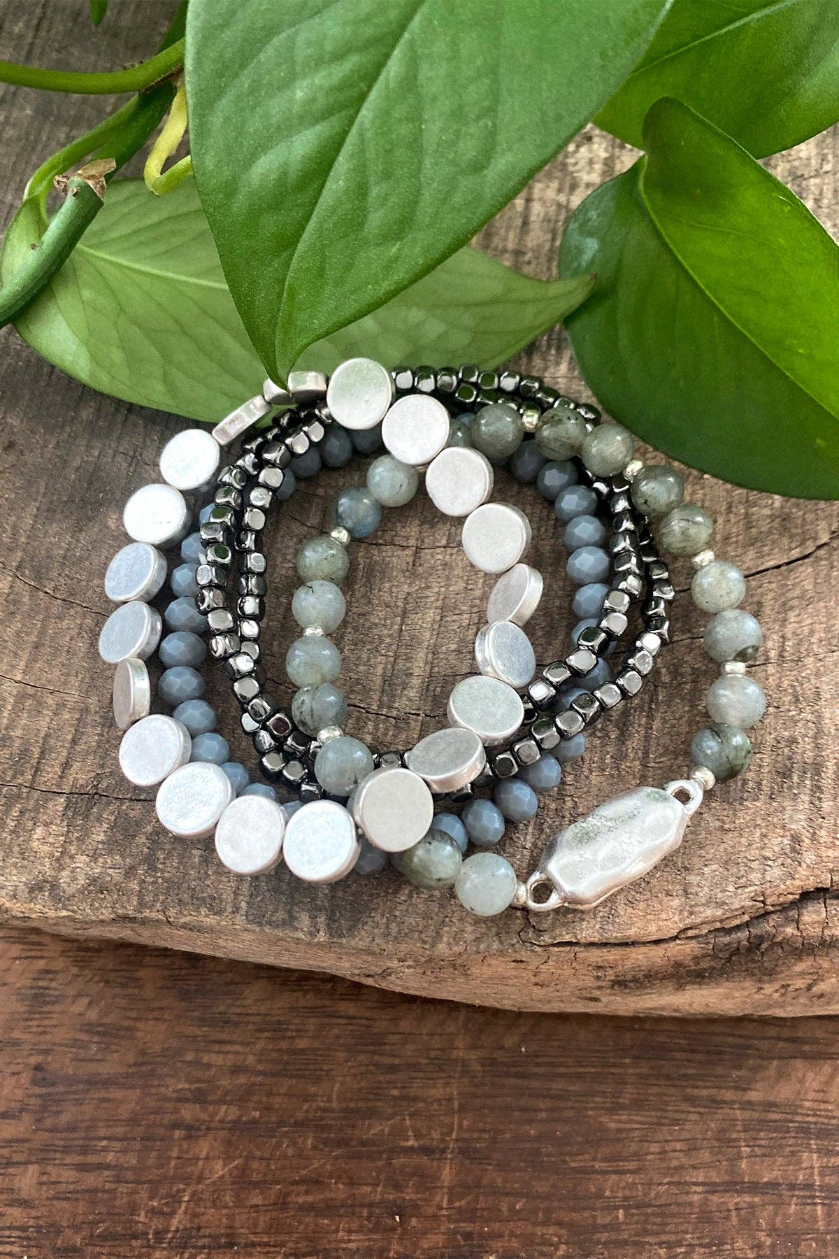 PennyLine inc - 5 piece Boho Beaded Bracelets Stack Semi Precious Metal Glass Beads Silver tone nugget flat beads