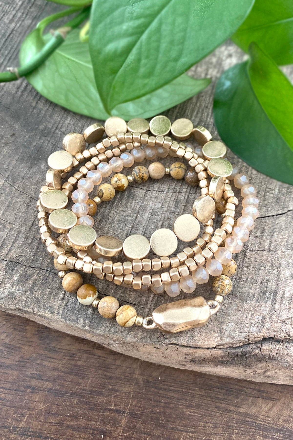 PennyLine inc - 5 piece Boho Beaded Bracelets Stack Semi Precious Metal Glass Beads Golden nugget flat beads