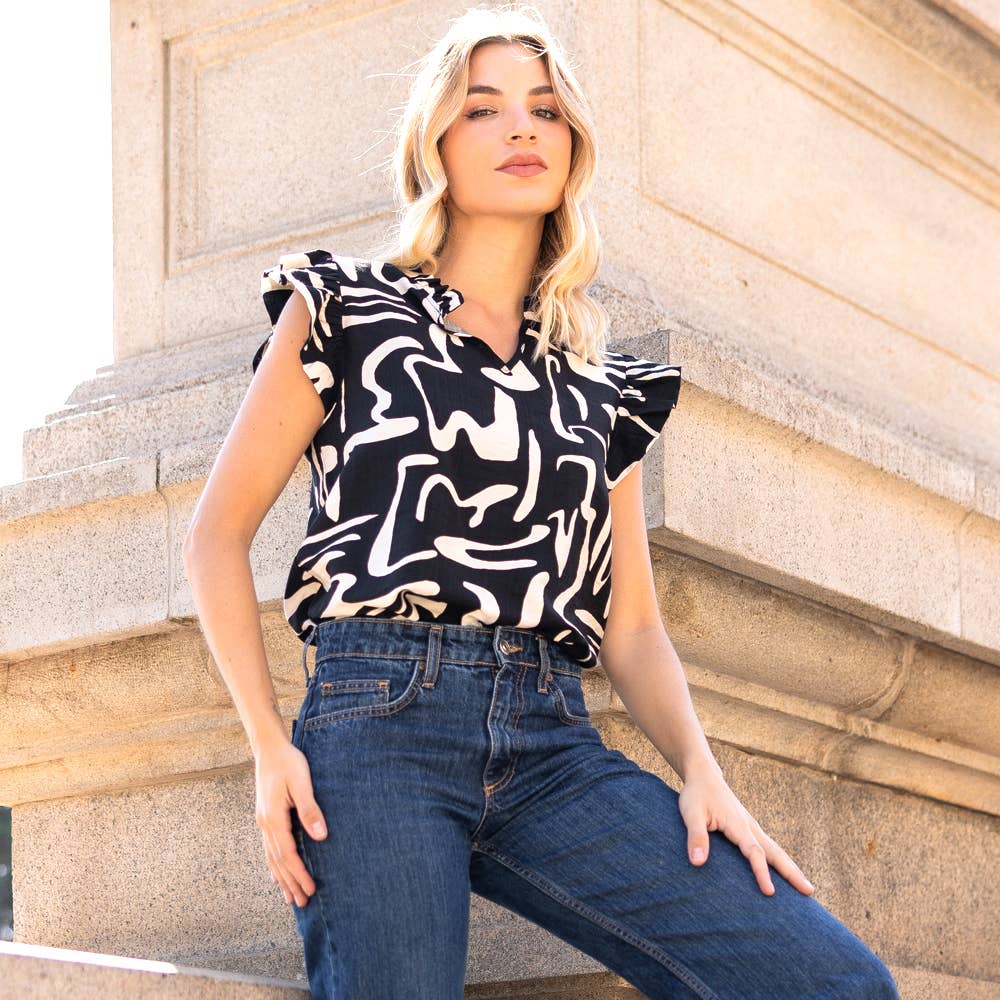 Abstract Print V Neck with Ruffled Neck and Sleeves