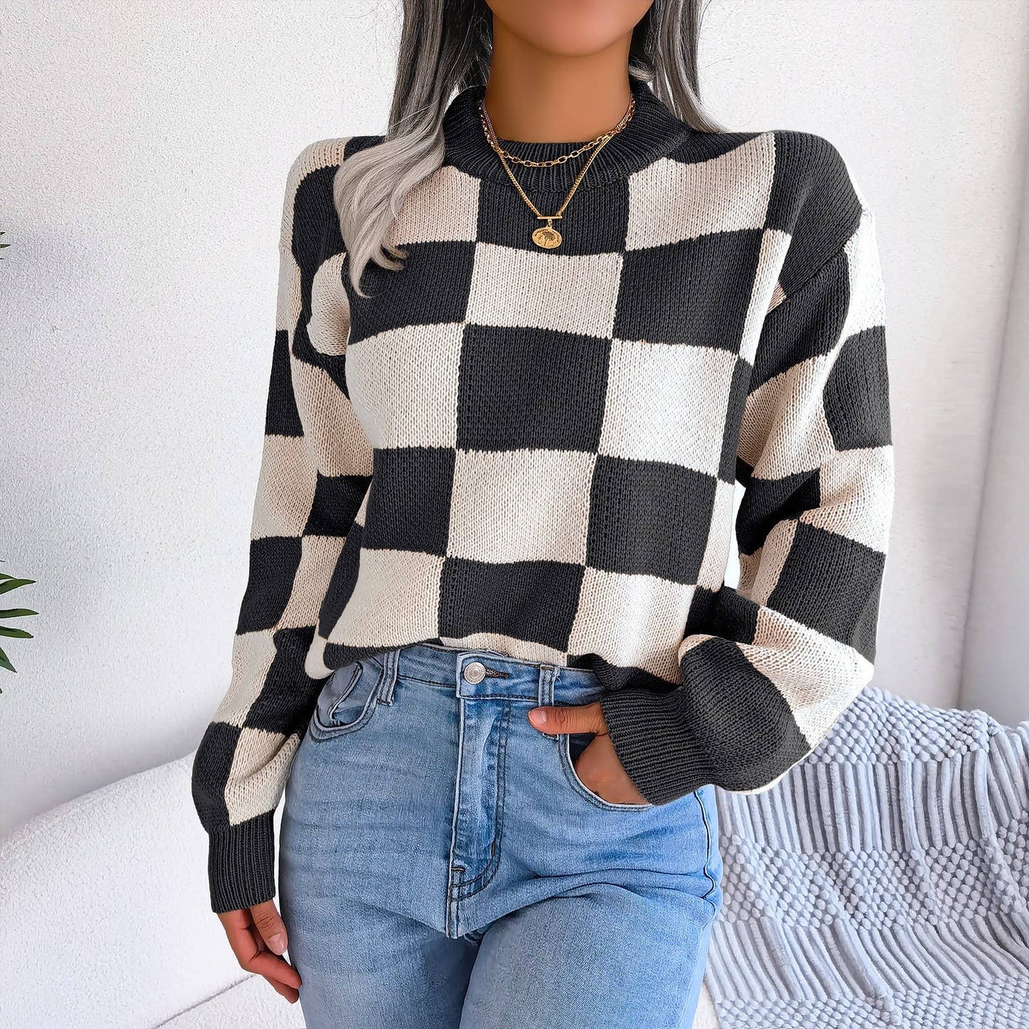 Hope & Sunshine - Colorblock Plaid Knit Sweater For Women
