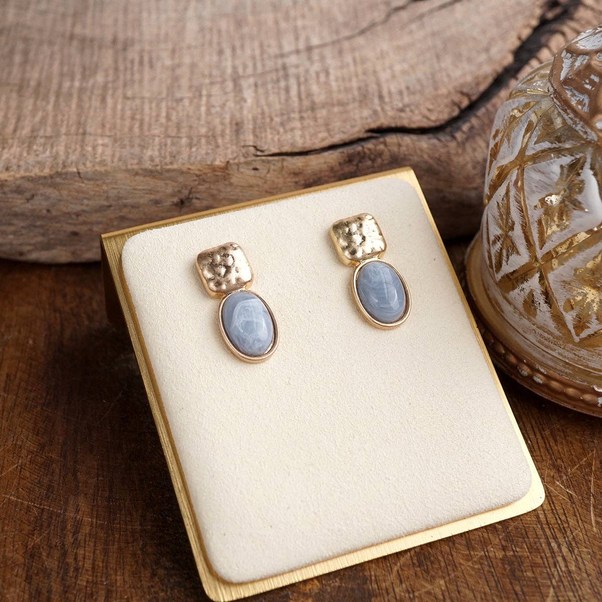 PennyLine inc - Quiet Gleam – Hammered Cabochon Stud Drop Earrings