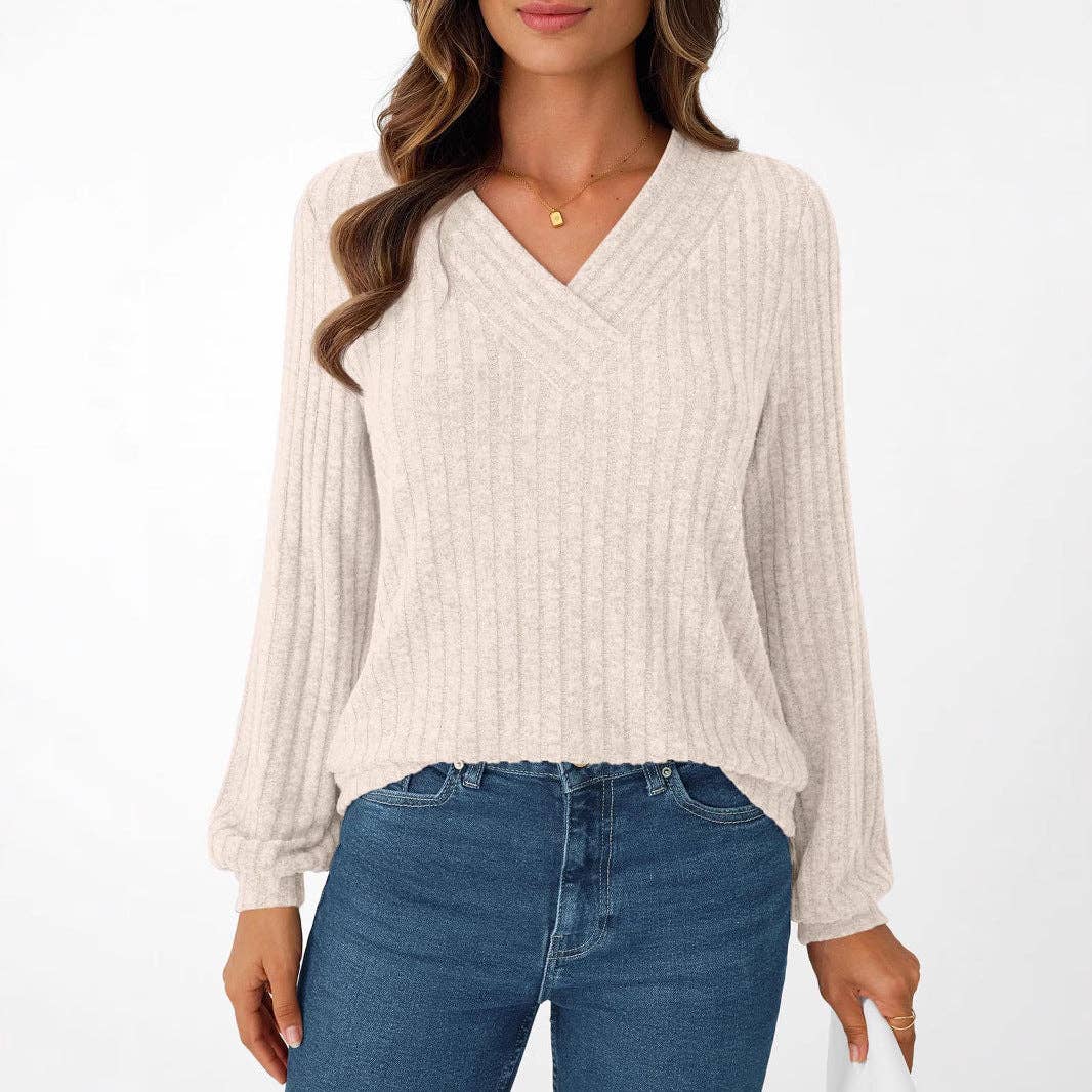 Suhkasana - Textured Rib Knit V-Neck Pullover Long Sleeve Top