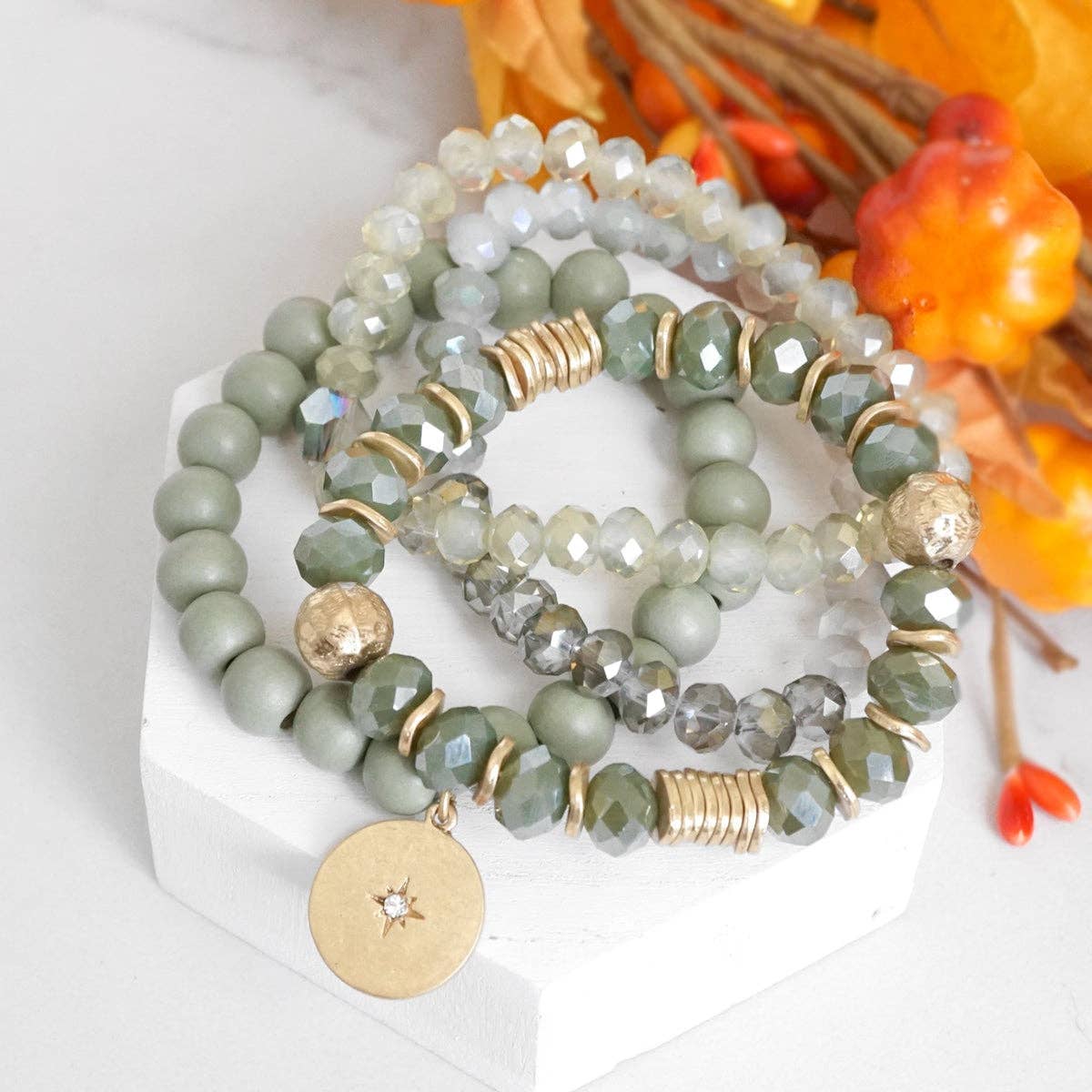 PennyLine inc - Beaded bracelets set in Olive green with a coin charm