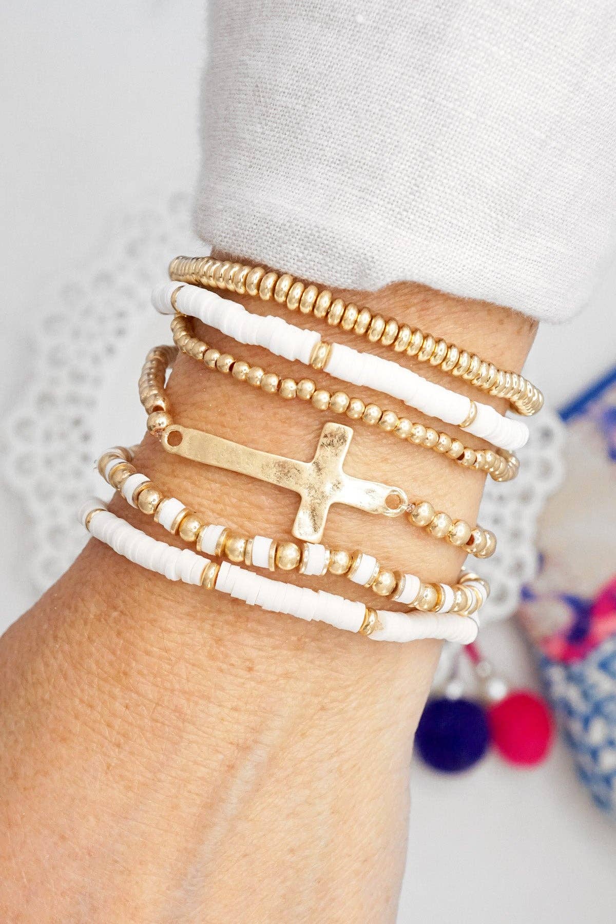 PennyLine inc - Minimal Sideways Cross Bracelet stack Clay and gold metal beads