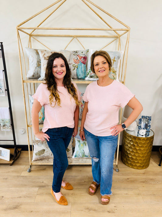 Light Pink Textured Ruffle Sleeve Crew Neck Blouse