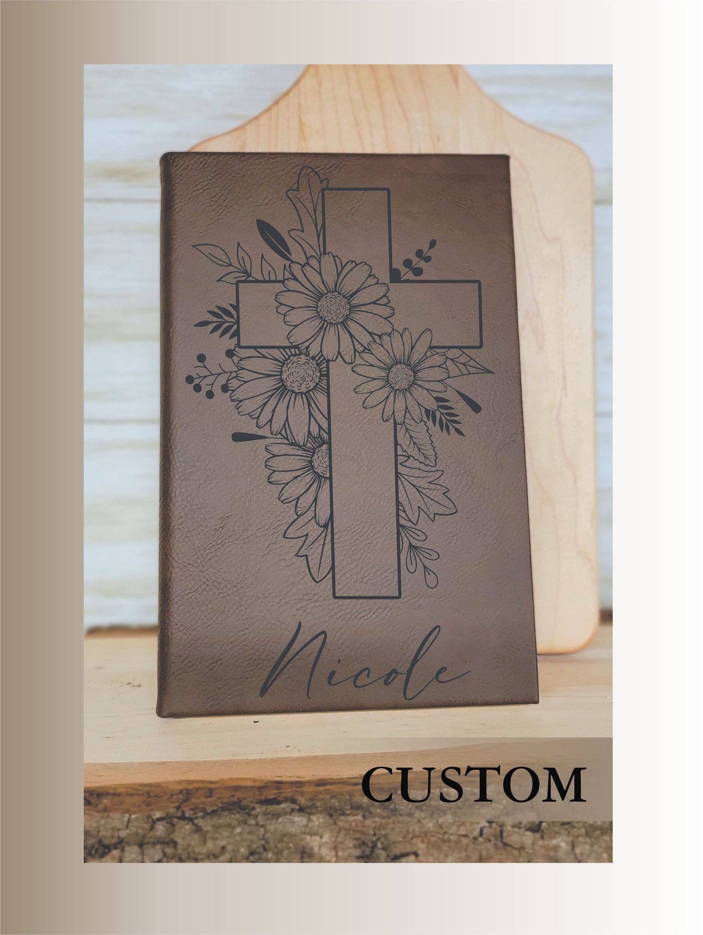 Leather Engraved Journal. 5.5x8.5" Lined Journal: Floral Cross
