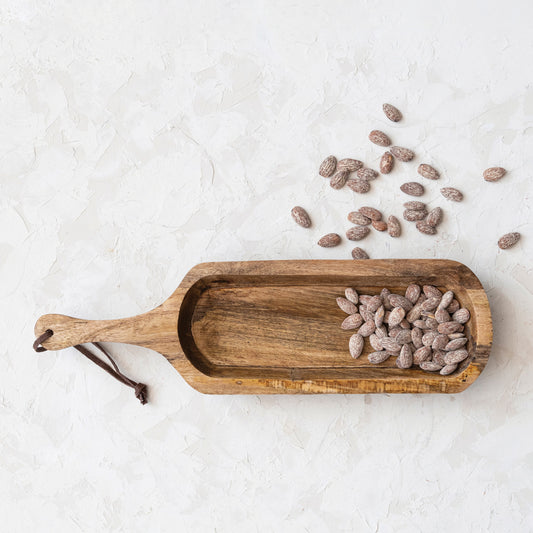 Mango Wood Serving Tray w/ Handle & Leather Tie, Natural