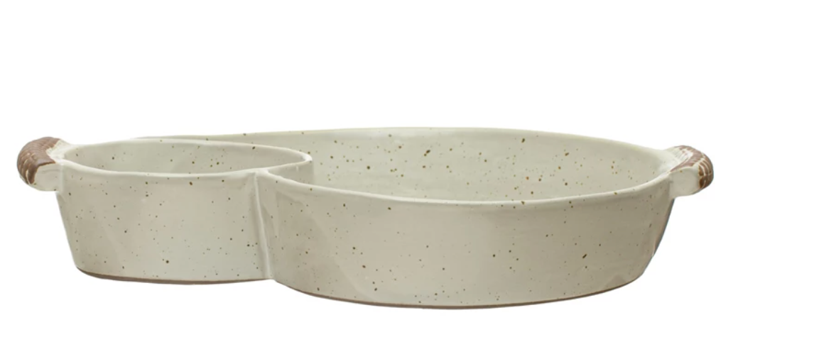 Stoneware Dish w/ 2 Sections & Handles, Reactive Glaze, Cream Color