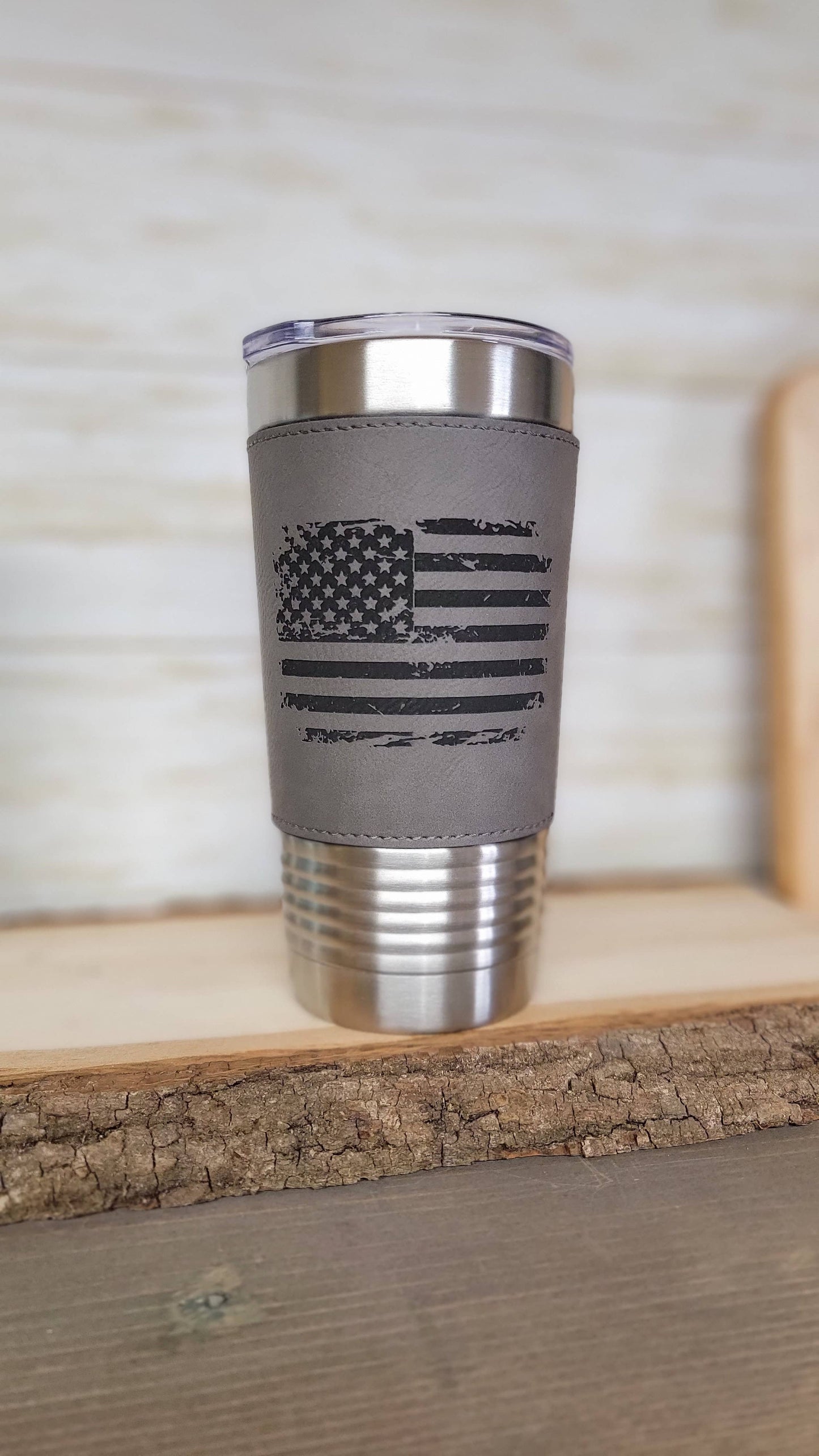 Distressed American Flag Engraved Tumbler 20oz: Gray